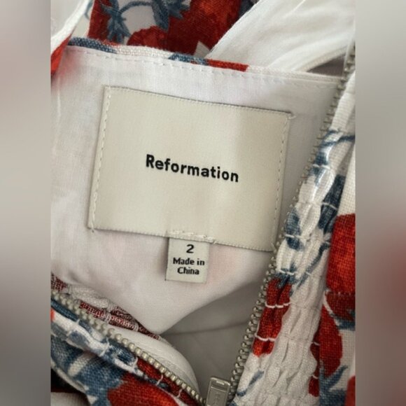 NEW Reformation Balia Midi Linen Dress in Strawberry Jam White Red | US 2 - Picture 9 of 14